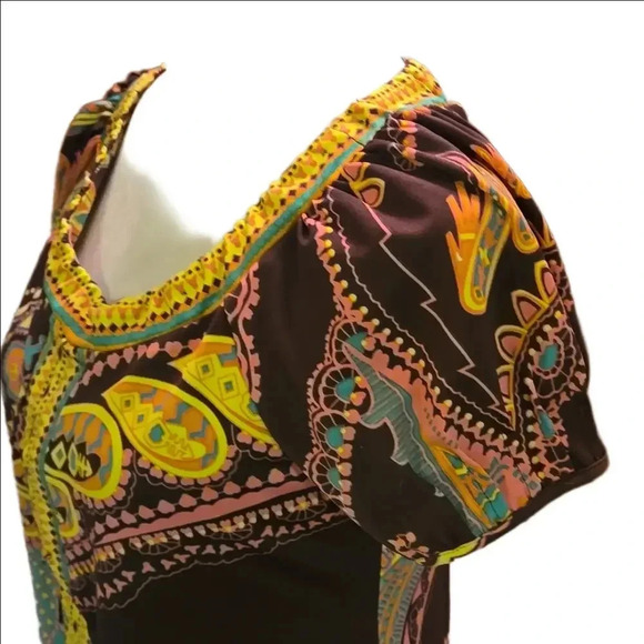 ECI: Boho Short Sleeve Paisley Midi Dress Pleated Back Shoulders Women size 8 - Picture 3 of 14